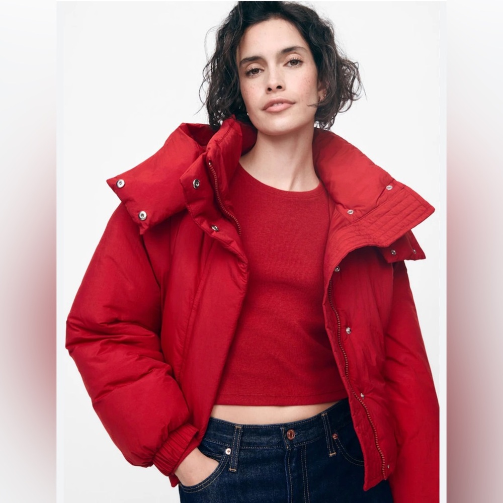 GAP Duvet Wrap Cropped Funnel Neck Hooded Puffer Jacket Red Size XXL EUC